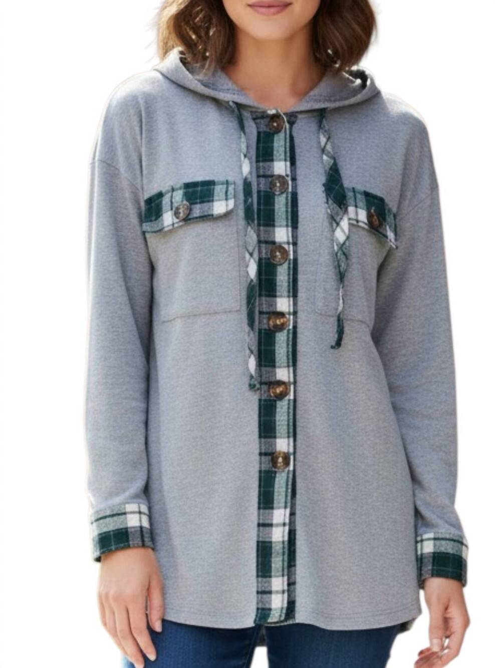 NEW STACCATO knit long sleeve hooded button up top in grey